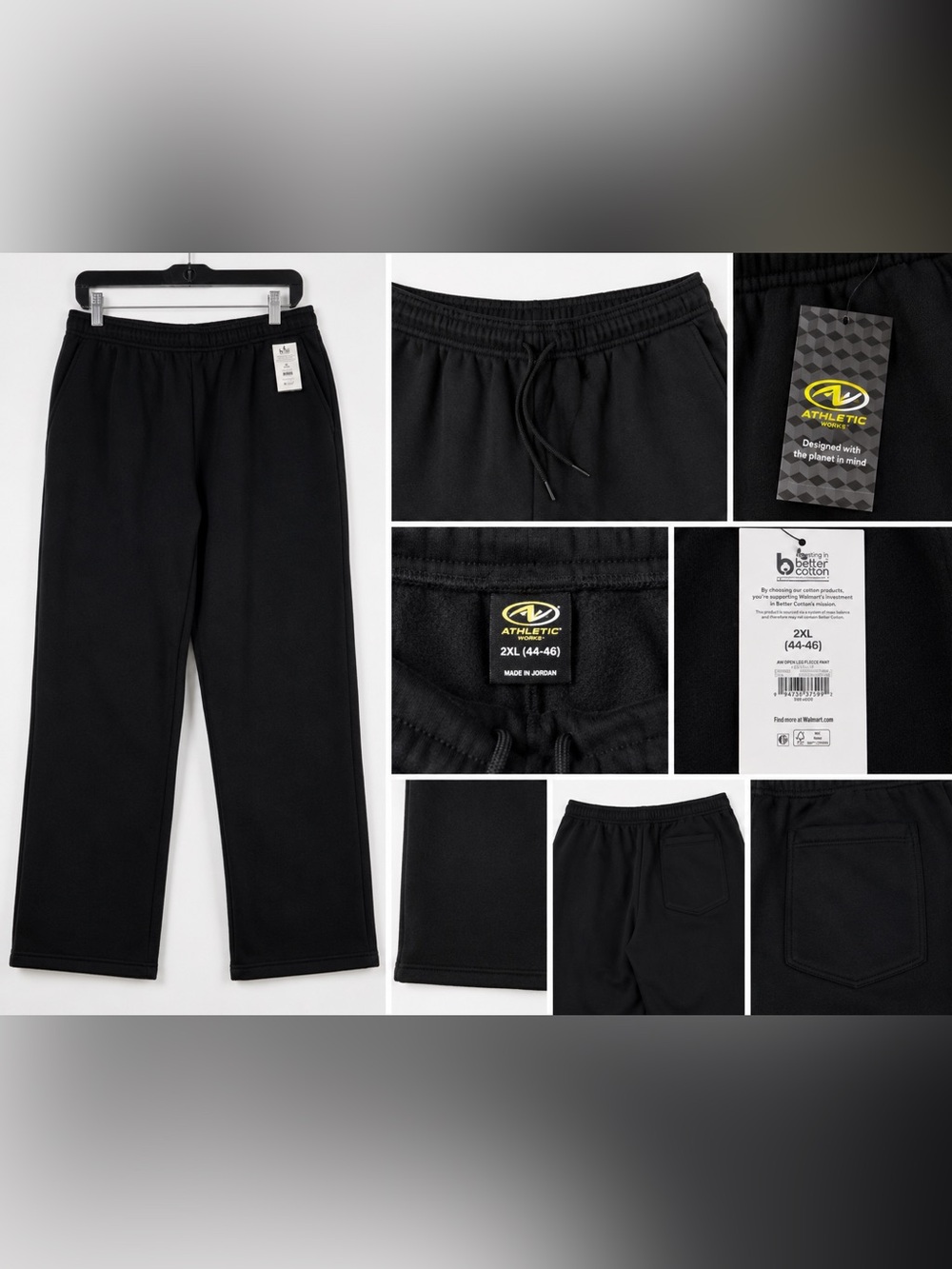 Athletic Works Men’s Open Hem Sweatpants 2XL Black Fleece Lounge Pants NWT